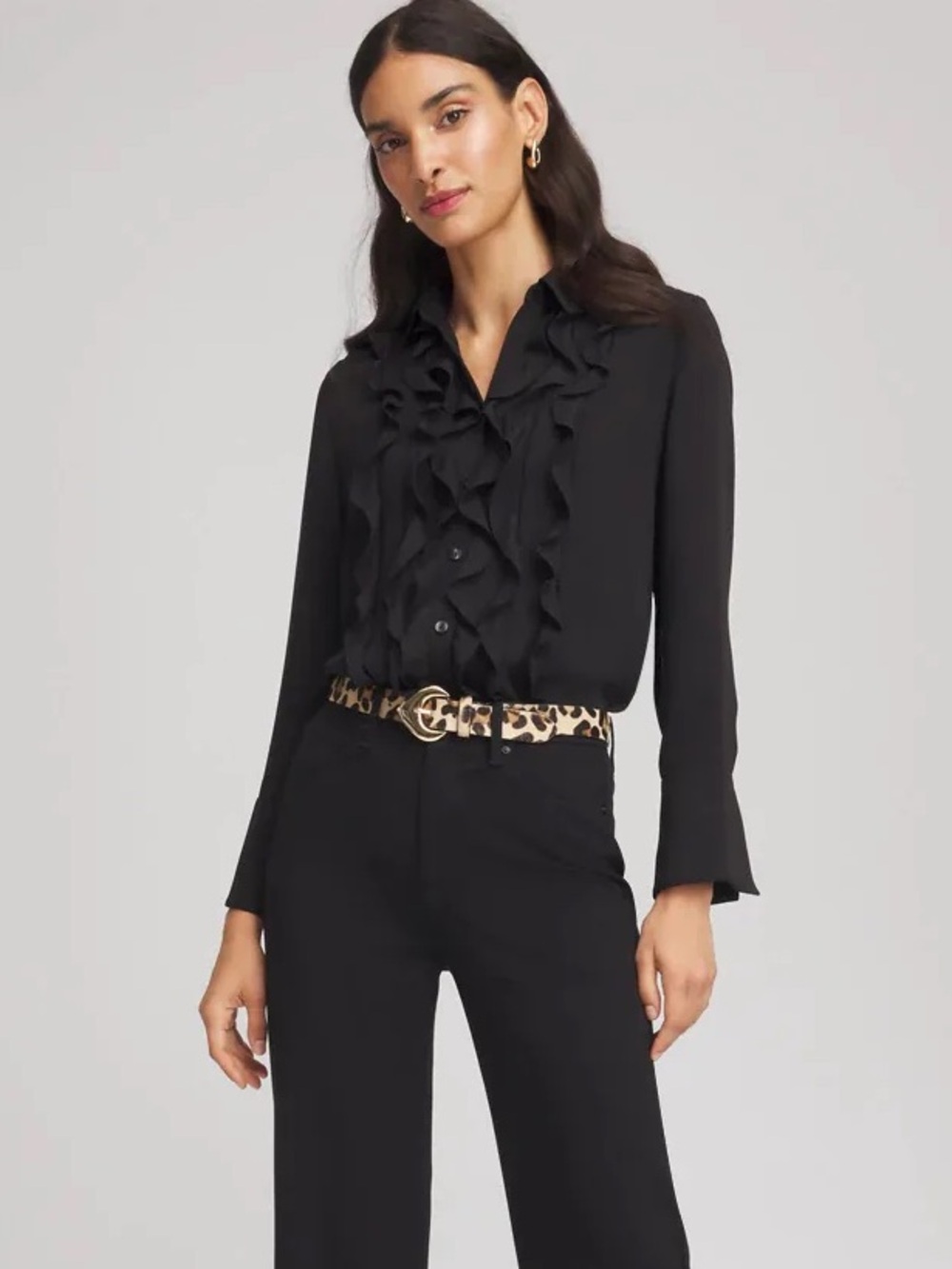 Chico’s Ruffle Front Long Sleeve Button-Down Blouse in Black Sz 0 (US Small)